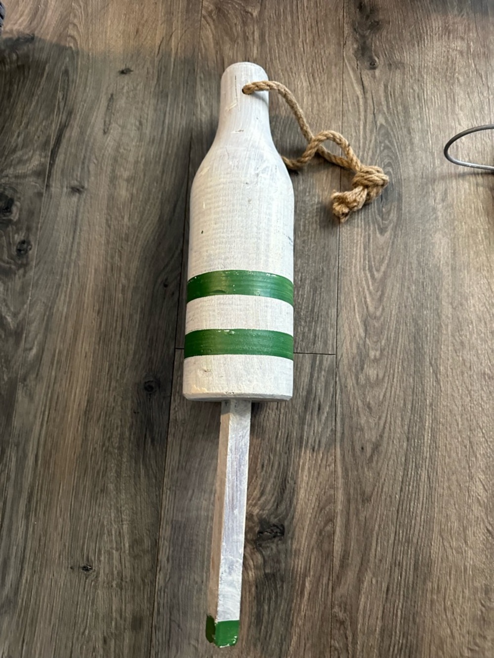 Decorative White Wooden Buoy with Green Stripes